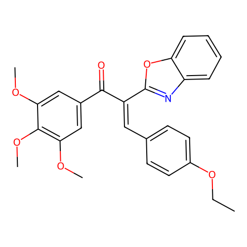 (2E)-2-(1,3-benzoxazol-2-yl)-3-(4-ethoxyphenyl)-1-(3,4,5-trimethoxyphenyl)prop-2-en-1-one structure