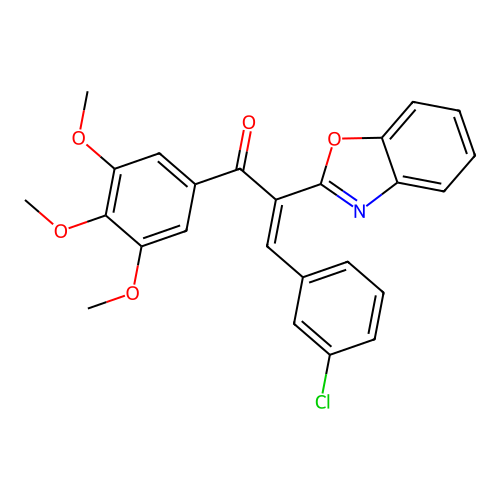 (E)-2-(benzo[d]oxazol-2-yl)-3-(3-chlorophenyl)-1-(3,4,5-trimethoxyphenyl)prop-2-en-1-one structure