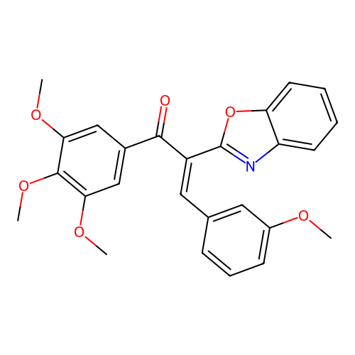 (E)-2-(benzo[d]oxazol-2-yl)-3-(3-methoxyphenyl)-1-(3,4,5-trimethoxyphenyl)prop-2-en-1-one structure