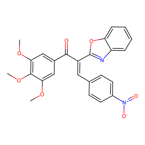 (E)-2-(benzo[d]oxazol-2-yl)-3-(4-nitrophenyl)-1-(3,4,5-trimethoxyphenyl)prop-2-en-1-one structure