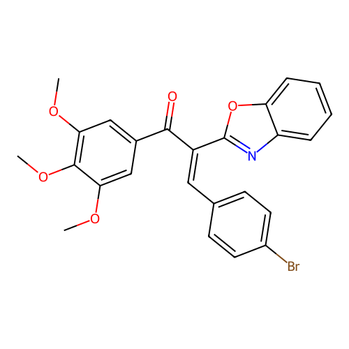 (2E)-2-(1,3-benzoxazol-2-yl)-3-(4-bromophenyl)-1-(3,4,5-trimethoxyphenyl)prop-2-en-1-one structure