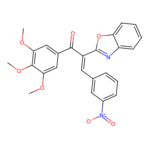 (E)-2-(benzo[d]oxazol-2-yl)-3-(3-nitrophenyl)-1-(3,4,5-trimethoxyphenyl)prop-2-en-1-one structure
