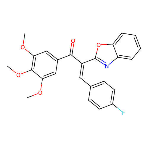 (2E)-2-(1,3-benzoxazol-2-yl)-3-(4-fluorophenyl)-1-(3,4,5-trimethoxyphenyl)prop-2-en-1-one structure