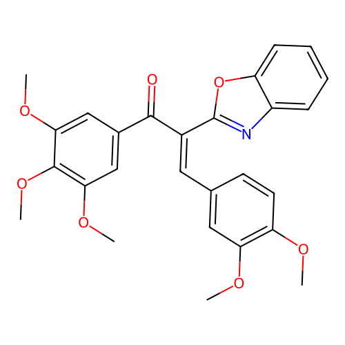 (E)-2-(benzo[d]oxazol-2-yl)-3-(3,4-dimethoxyphenyl)-1-(3,4,5-trimethoxyphenyl)prop-2-en-1-one structure
