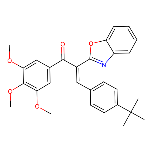 2-(1,3-benzoxazol-2-yl)-3-(4-tert-butylphenyl)-1-(3,4,5-trimethoxyphenyl)-2-propen-1-one structure