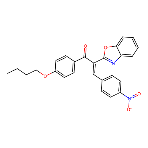 (E)-2-(1,3-benzoxazol-2-yl)-1-(4-butoxyphenyl)-3-(4-nitrophenyl)prop-2-en-1-one structure