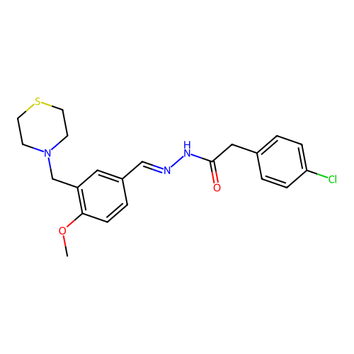 2-(4-chlorophenyl)-N-[(E)-[4-methoxy-3-(thiomorpholin-4-ylmethyl)phenyl]methylideneamino]acetamide structure