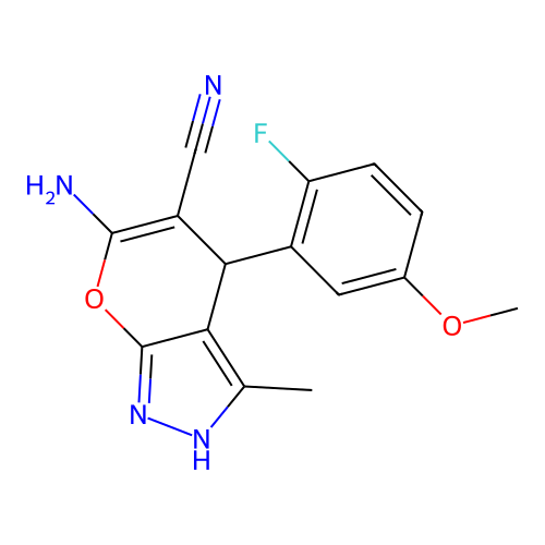 6-amino-4-(2-fluoro-5-methoxyphenyl)-3-methyl-2,4-dihydropyrano[2,3-c]pyrazole-5-carbonitrile structure