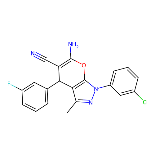 6-amino-1-(3-chlorophenyl)-4-(3-fluorophenyl)-3-methyl-1,4-dihydropyrano[2,3-c]pyrazole-5-carbonitrile structure