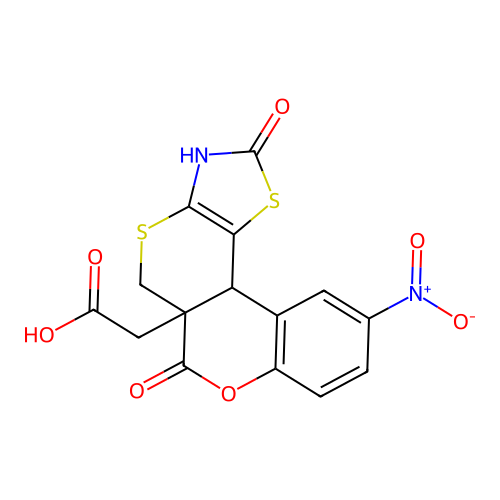 (10-nitro-2,6-dioxo-3,11b-dihydro-2H,5H-chromeno[4',3':4,5]thiopyrano[2,3-d][1,3]thiazol-5a(6H)-yl)acetic acid structure