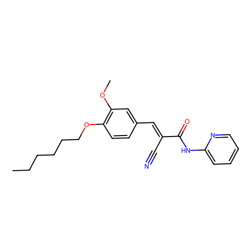 (2E)-2-cyano-3-(4-hexyloxy-3-methoxyphenyl)-N-(2-pyridyl)prop-2-enamide structure