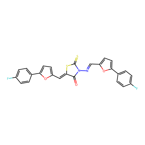 (5Z)-5-[[5-(4-fluorophenyl)furan-2-yl]methylidene]-3-[(E)-[5-(4-fluorophenyl)furan-2-yl]methylideneamino]-2-sulfanylidene-1,3-thiazolidin-4-one structure