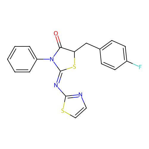 (2Z)-5-(4-fluorobenzyl)-3-phenyl-2-(1,3-thiazol-2-ylimino)-1,3-thiazolidin-4-one structure