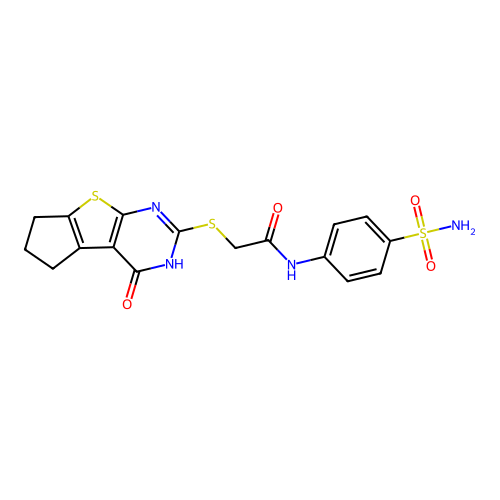 2-((4-oxo-4,5,6,7-tetrahydro-3H-cyclopenta[4,5]thieno[2,3-d]pyrimidin-2-yl)thio)-N-(4-sulfamoylphenyl)acetamide structure