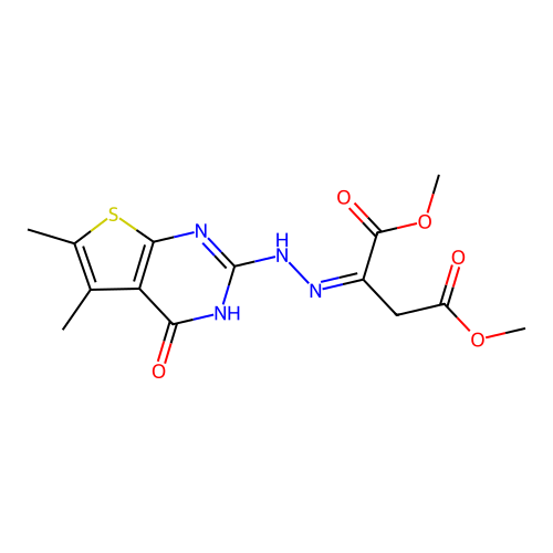 (Z)-dimethyl 2-(2-(5,6-dimethyl-4-oxo-3,4-dihydrothieno[2,3-d]pyrimidin-2-yl)hydrazono)succinate structure
