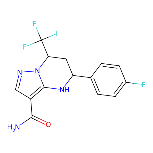 5-(4-fluorophenyl)-7-(trifluoromethyl)-1,5,6,7-tetrahydropyrazolo[1,5-a]pyrimidine-3-carboxamide structure