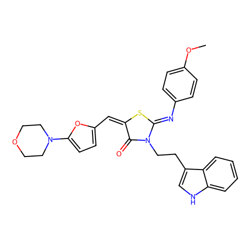 (2Z,5E)-3-[2-(1H-indol-3-yl)ethyl]-2-[(4-methoxyphenyl)imino]-5-{[5-(morpholin-4-yl)furan-2-yl]methylidene}-1,3-thiazolidin-4-one structure