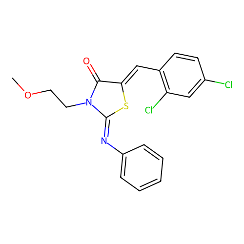 5-(2,4-dichlorobenzylidene)-3-(2-methoxyethyl)-2-(phenylimino)-1,3-thiazolidin-4-one structure