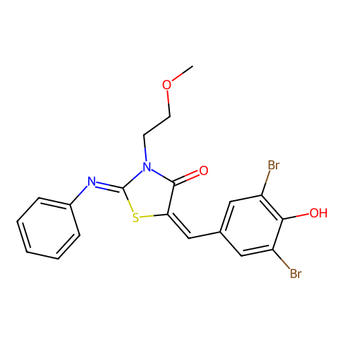 (2Z,5E)-5-(3,5-dibromo-4-hydroxybenzylidene)-3-(2-methoxyethyl)-2-(phenylimino)-1,3-thiazolidin-4-one structure