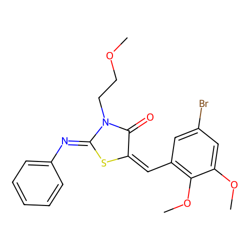 (2Z,5E)-5-(5-bromo-2,3-dimethoxybenzylidene)-3-(2-methoxyethyl)-2-(phenylimino)-1,3-thiazolidin-4-one structure