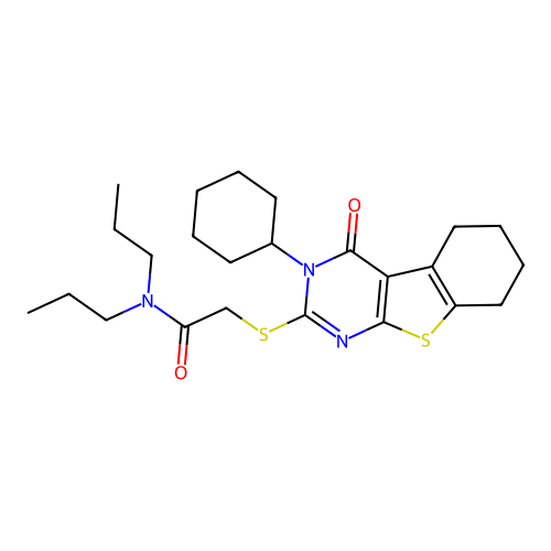 2-((3-cyclohexyl-4-oxo-3,4,5,6,7,8-hexahydrobenzo[4,5]thieno[2,3-d]pyrimidin-2-yl)thio)-N,N-dipropylacetamide structure