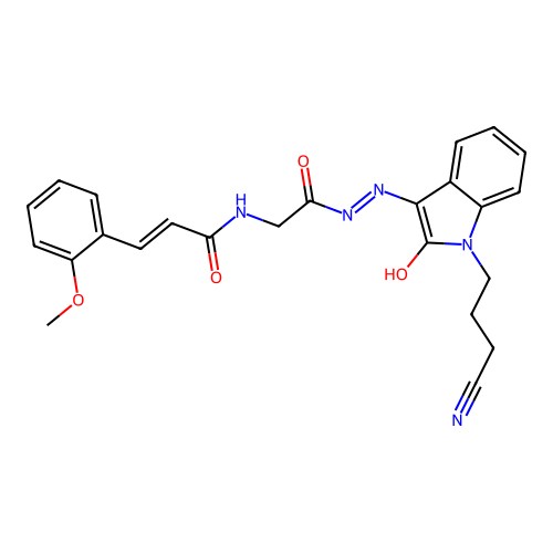 (2E)-N-(2-{(2Z)-2-[1-(3-cyanopropyl)-2-oxo-1,2-dihydro-3H-indol-3-ylidene]hydrazinyl}-2-oxoethyl)-3-(2-methoxyphenyl)prop-2-enamide (non-preferred name) structure