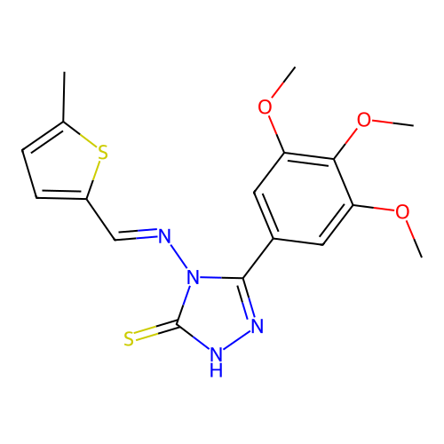 (E)-4-(((5-methylthiophen-2-yl)methylene)amino)-5-(3,4,5-trimethoxyphenyl)-4H-1,2,4-triazole-3-thiol structure