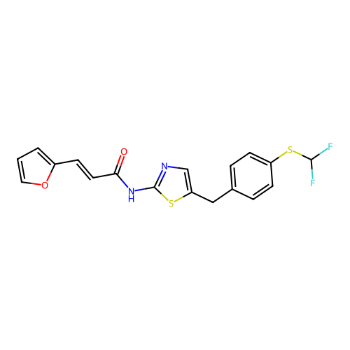 (2E)-N-(5-{4-[(difluoromethyl)sulfanyl]benzyl}-1,3-thiazol-2-yl)-3-(furan-2-yl)prop-2-enamide structure