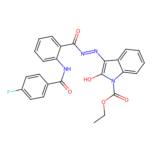 (Z)-ethyl 3-(2-(2-(4-fluorobenzamido)benzoyl)hydrazono)-2-oxoindoline-1-carboxylate structure