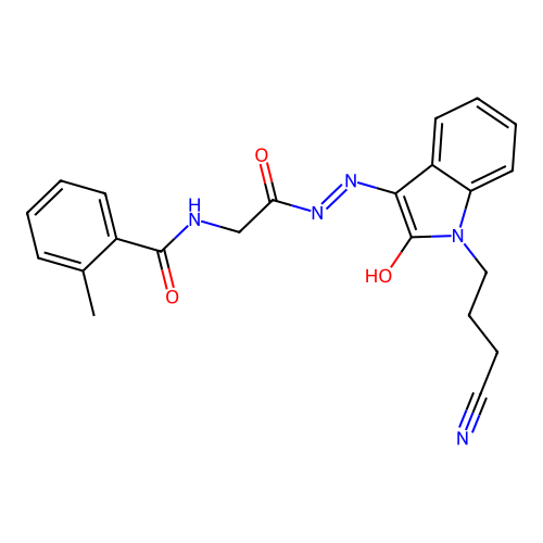 N-[2-[2-[1-(3-cyanopropyl)-2-oxoindol-3-ylidene]hydrazinyl]-2-oxoethyl]-2-methylbenzamide structure