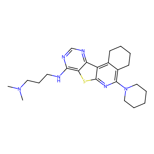 N,N-dimethyl-N'-[5-(piperidin-1-yl)-1,2,3,4-tetrahydropyrimido[4',5':4,5]thieno[2,3-c]isoquinolin-8-yl]propane-1,3-diamine structure