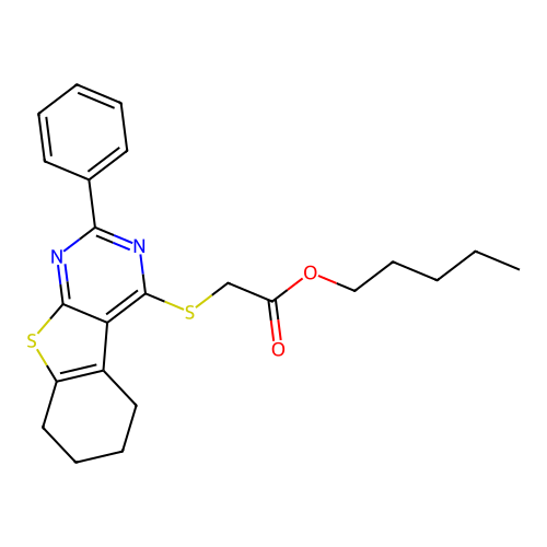 pentyl [(2-phenyl-5,6,7,8-tetrahydro[1]benzothieno[2,3-d]pyrimidin-4-yl)sulfanyl]acetate structure