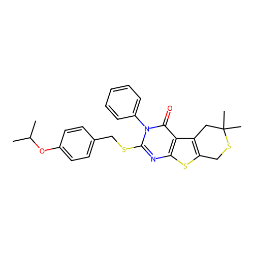 2-((4-isopropoxybenzyl)thio)-6,6-dimethyl-3-phenyl-5,6-dihydro-3H-thiopyrano[4',3':4,5]thieno[2,3-d]pyrimidin-4(8H)-one structure