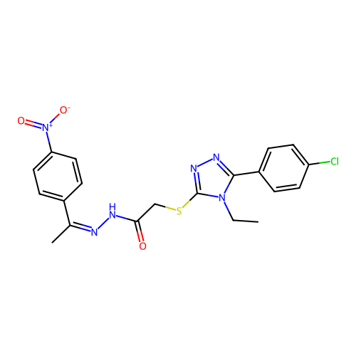 2-{[5-(4-chlorophenyl)-4-ethyl-4H-1,2,4-triazol-3-yl]sulfanyl}-N'-[(1Z)-1-(4-nitrophenyl)ethylidene]acetohydrazide structure