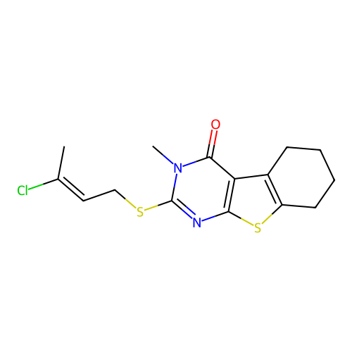 (E)-2-((3-chlorobut-2-en-1-yl)thio)-3-methyl-5,6,7,8-tetrahydrobenzo[4,5]thieno[2,3-d]pyrimidin-4(3H)-one structure