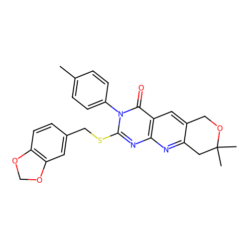 2-((benzo[d][1,3]dioxol-5-ylmethyl)thio)-8,8-dimethyl-3-(p-tolyl)-8,9-dihydro-3H-pyrano[3',4':5,6]pyrido[2,3-d]pyrimidin-4(6H)-one structure