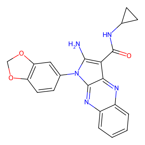 2-amino-1-(1,3-benzodioxol-5-yl)-N-cyclopropyl-1H-pyrrolo[2,3-b]quinoxaline-3-carboxamide structure