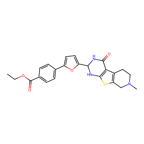 ethyl 4-[5-(7-methyl-4-oxo-1,2,3,4,5,6,7,8-octahydropyrido[4',3':4,5]thieno[2,3-d]pyrimidin-2-yl)furan-2-yl]benzoate structure