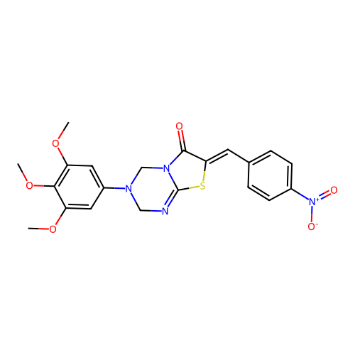 (7Z)-7-(4-nitrobenzylidene)-3-(3,4,5-trimethoxyphenyl)-3,4-dihydro-2H-[1,3]thiazolo[3,2-a][1,3,5]triazin-6(7H)-one structure