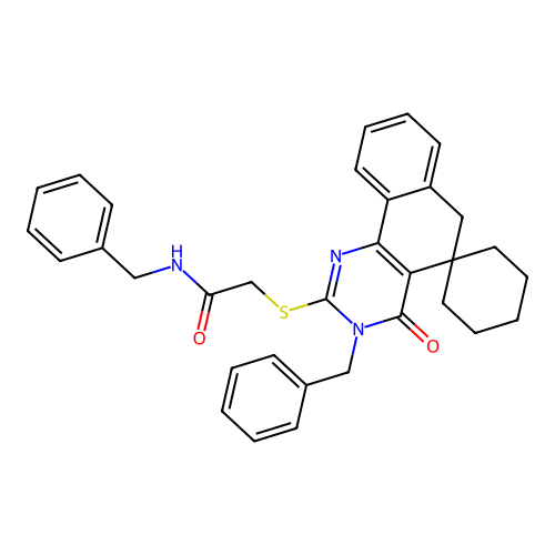 N-benzyl-2-((3-benzyl-4-oxo-4,6-dihydro-3H-spiro[benzo[h]quinazoline-5,1'-cyclohexan]-2-yl)thio)acetamide structure