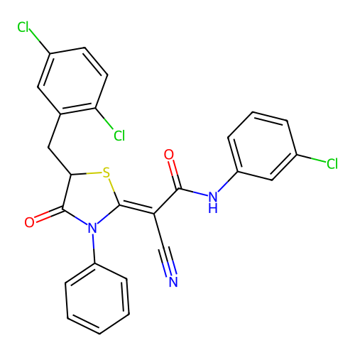 (2Z)-N-(3-chlorophenyl)-2-cyano-2-[5-(2,5-dichlorobenzyl)-4-oxo-3-phenyl-1,3-thiazolidin-2-ylidene]ethanamide structure