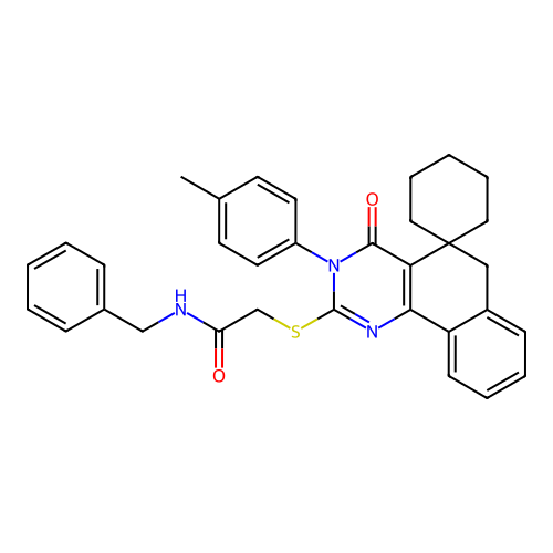 N-benzyl-2-((4-oxo-3-(p-tolyl)-4,6-dihydro-3H-spiro[benzo[h]quinazoline-5,1'-cyclohexan]-2-yl)thio)acetamide structure