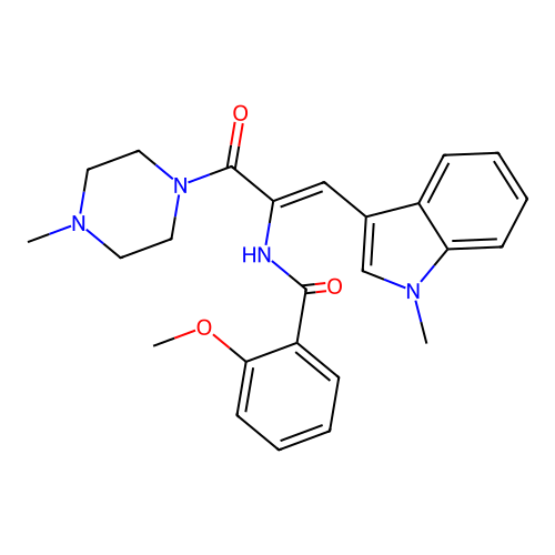 (Z)-2-methoxy-N-(1-(1-methyl-1H-indol-3-yl)-3-(4-methylpiperazin-1-yl)-3-oxoprop-1-en-2-yl)benzamide structure