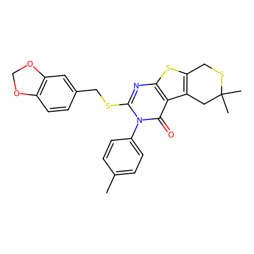 2-((benzo[d][1,3]dioxol-5-ylmethyl)thio)-6,6-dimethyl-3-(p-tolyl)-5,6-dihydro-3H-thiopyrano[4',3':4,5]thieno[2,3-d]pyrimidin-4(8H)-one structure
