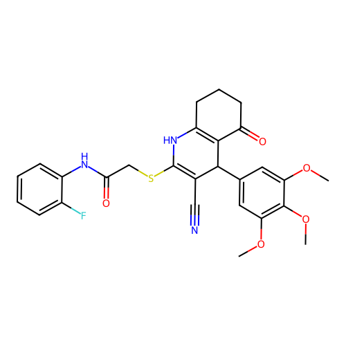 2-((3-cyano-5-oxo-4-(3,4,5-trimethoxyphenyl)-1,4,5,6,7,8-hexahydroquinolin-2-yl)thio)-N-(2-fluorophenyl)acetamide structure