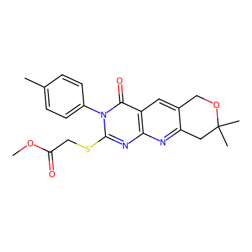 methyl {[8,8-dimethyl-3-(4-methylphenyl)-4-oxo-3,6,8,9-tetrahydro-4H-pyrano[3',4':5,6]pyrido[2,3-d]pyrimidin-2-yl]sulfanyl}acetate structure