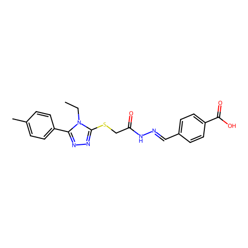 (E)-4-((2-(2-((4-ethyl-5-(p-tolyl)-4H-1,2,4-triazol-3-yl)thio)acetyl)hydrazono)methyl)benzoic acid structure