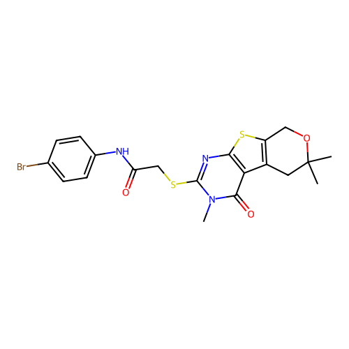 N-(4-bromophenyl)-2-((3,6,6-trimethyl-4-oxo-4,5,6,8-tetrahydro-3H-pyrano[4',3':4,5]thieno[2,3-d]pyrimidin-2-yl)thio)acetamide structure