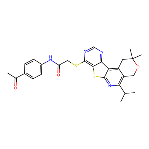 N-(4-acetylphenyl)-2-((5-isopropyl-2,2-dimethyl-2,4-dihydro-1H-pyrano[4'',3'':4',5']pyrido[3',2':4,5]thieno[3,2-d]pyrimidin-8-yl)thio)acetamide structure
