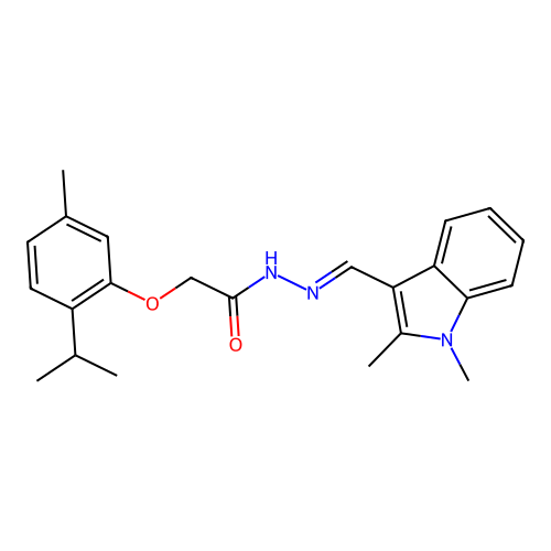 N'-[(E)-(1,2-dimethyl-1H-indol-3-yl)methylidene]-2-[5-methyl-2-(propan-2-yl)phenoxy]acetohydrazide structure
